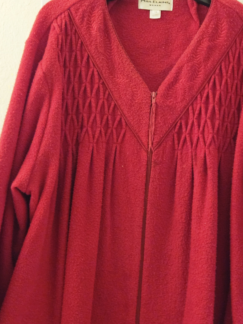 Miss Elaine Festive Warm Cozy Holiday Red Smocked Yoke Zip Front Robe 1X